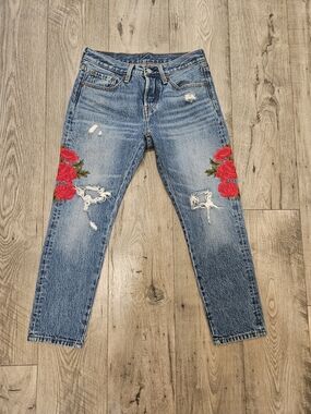 Levi's 501T Blue Embroidered Red Rose Distressed 100% Cotton Boyfriend Jeans